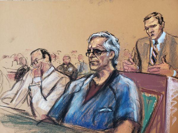 Assistant U.S. Attorney Alex Rossmiller (R) speaks as Jeffrey Epstein looks on during a bail hearing in this court sketch in New York on July 15, 2019. (Jane Rosenberg/Reuters)