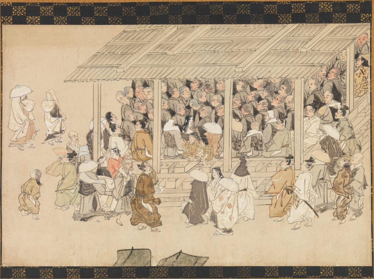 “A Nenbutsu Gathering at Ichiya, Kyoto,” from the “Illustrated Biography of the Monk Ippen and His Disciple Ta'a,” late 14th century. In this scene, people from all walks of life have gathered to hear the charismatic monk Ippen (1239–1289) perform a recitation of the Nenbutsu prayer invoking Amitabha. The Harry G. C. Packard Collection of Asian Art, Gift of Harry G. C. Packard, and purchase, Fletcher, Rogers, Harris Brisbane Dick, and Louis V. Bell Funds, Joseph Pulitzer Bequest, and The Annenberg Fund Inc. Gift, 1975. (The Metropolitan Museum of Art)