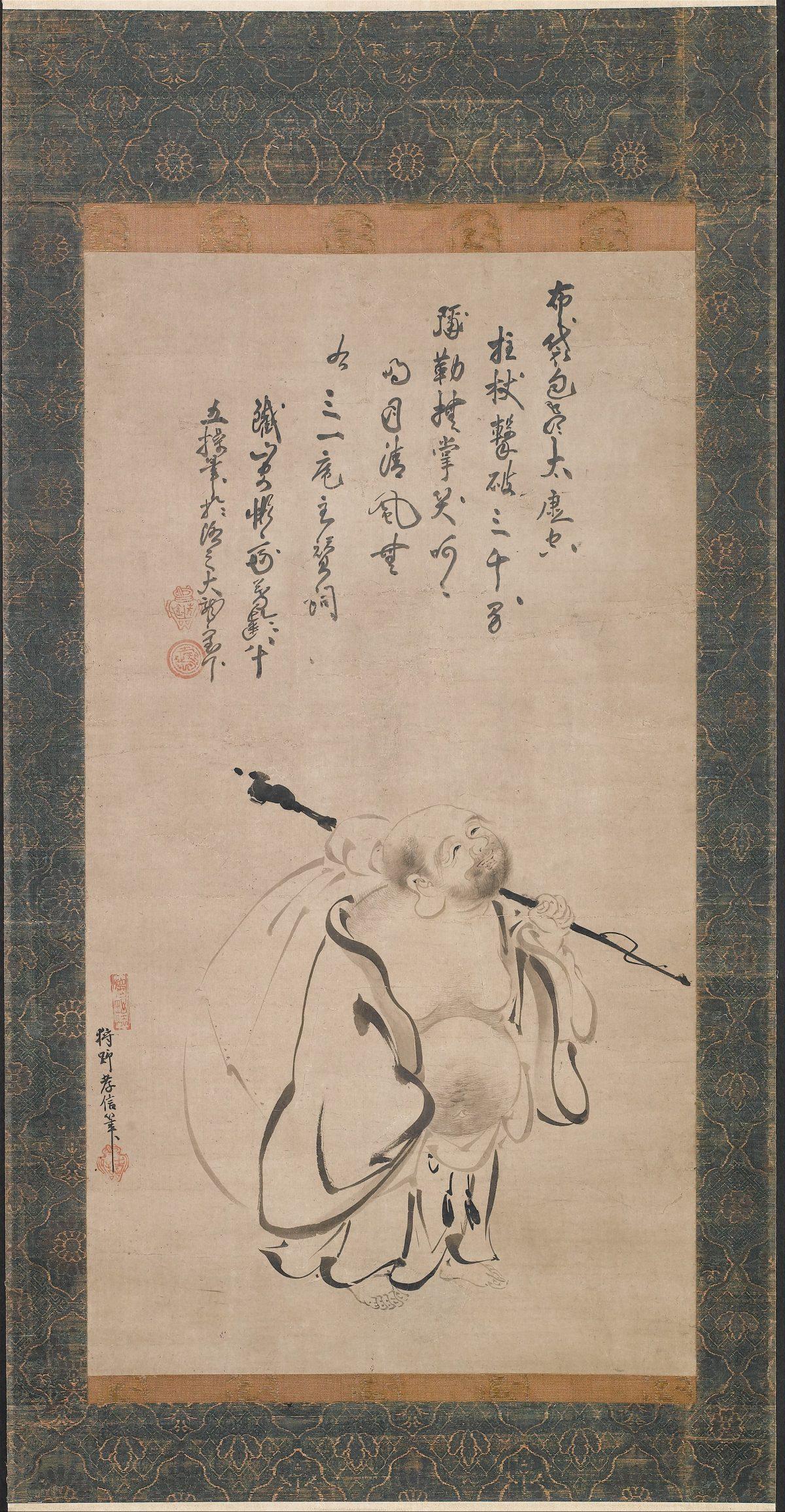 Portrait of Hotei, Edo period (1615–1868), dated 1616. This portrait by Kano Takanobu (1571–1618) depicts Hotei, a popular figure in the Zen pantheon, who is often shown as a chubby, good-humored monk carrying a large sack. He is believed to have lived in southern China in the late ninth century and was eventually recognized as a manifestation of Miroku, the Buddha of the Future. (The Metropolitan Museum of Art)