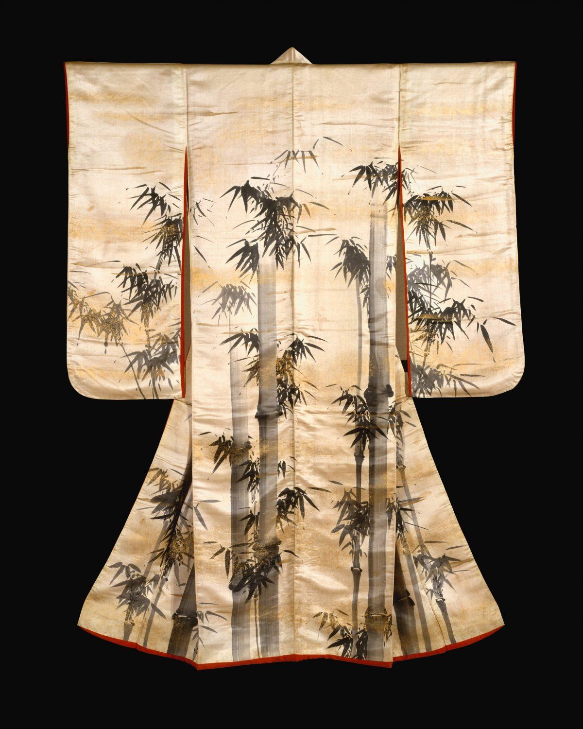 Overrobe (Uchikake) with bamboo, Edo period (1615–1868), first half of the 18th century. This rare uchikake is the work of Gion Nankai, a well-known poet and artist of the early Nanga movement. The Harry G. C. Packard Collection of Asian Art, gift of Harry G. C. Packard, and Purchase, Fletcher, Rogers, Harris Brisbane Dick, and Louis V. Bell Funds, Joseph Pulitzer Bequest, and The Annenberg Fund Inc. Gift, 1975. (The Metropolitan Museum of Art)
