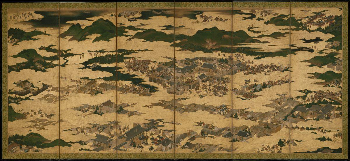 “The Rebellions of the Hogen and Heiji Eras,” Edo period (1615–1868), 17th century. Progressing from right to left, the screen illustrates a number of legendary fighting scenes as narrated in “The Tale of the Hogen Rebellion.” The rebellion, which occurred in central Kyoto in the summer of 1156, involved a dispute over succession between Emperor Go-Shirakawa and former Emperor Sutoku. Rogers Fund, 1957. (The Metropolitan Museum of Art)