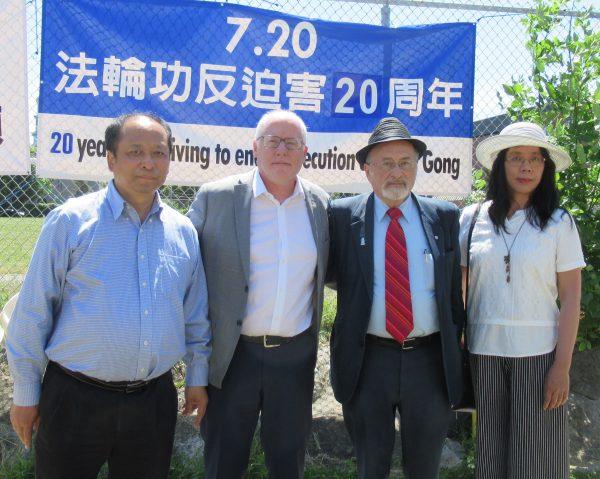 (L-R) Xun Li, president of the Falun Dafa Association of Canada; Alex Neve, Secretary General of Amnesty International Canada; Rabbi Dr. Reuven Bulka; and Ottawa Falun Gong practitioner Grace Wollensak attend the rally marking the 20th anniversary of the Chinese regime's persecution of Falun Gong, in Ottawa on July 18, 2019. (Donna He/The Epoch Times)