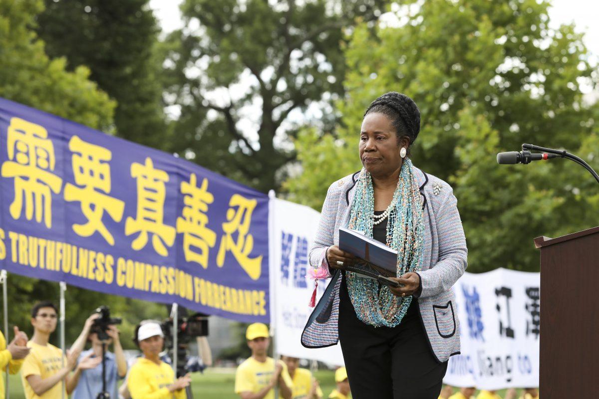 Rep. Sheila Jackson Lee (D-Texas), after speaking at a rally commemorating the 20th anniversary of the persecution of Falun Gong in China, on the West lawn of Capitol Hill in Washington on July 18, 2019. (Samira Bouaou/The Epoch Times)