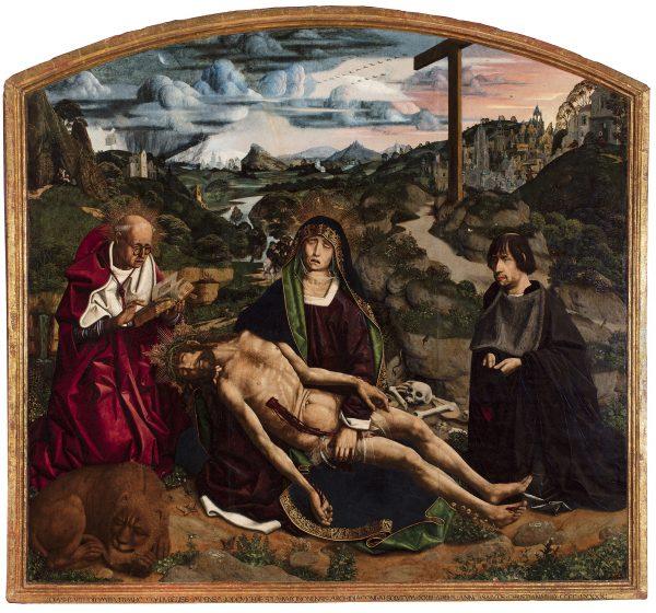 "Desplà Pietà," 1490, by Bartolomé Bermejo. Oil on poplar panel, 68 7/8 inches by 74 7/16 inches (with frame). (Guillem F-H/Catedral de Barcelona)