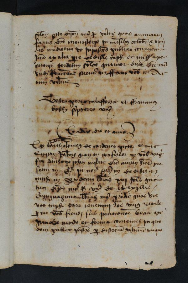 Archival document recording partial payment on account to Bermejo for the "Saint Michael Triumphant Over the Devil With the Donor Antoni Joan," dated Feb. 5, 1468. Manuscript, 9 1/4 inches by 6 11/16 by 3 1/8 inches. (Real Colegio Seminario de Corpus Christi, Valencia)