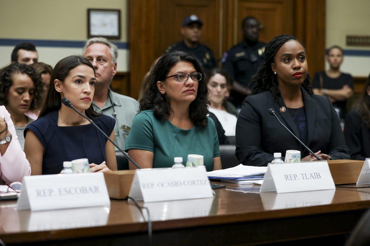 L-R: Rep. Alexandria Ocasio-Cortez (D.N.Y.), Rep. Rashida Tlaib (D-Mich.), and Rep. Ayanna Pressley (D-Mass.) at a House hearing in front of the Committee on Oversight and Reform, in Washington on July 12, 2019. (Charlotte Cuthbertson/The Epoch Times)