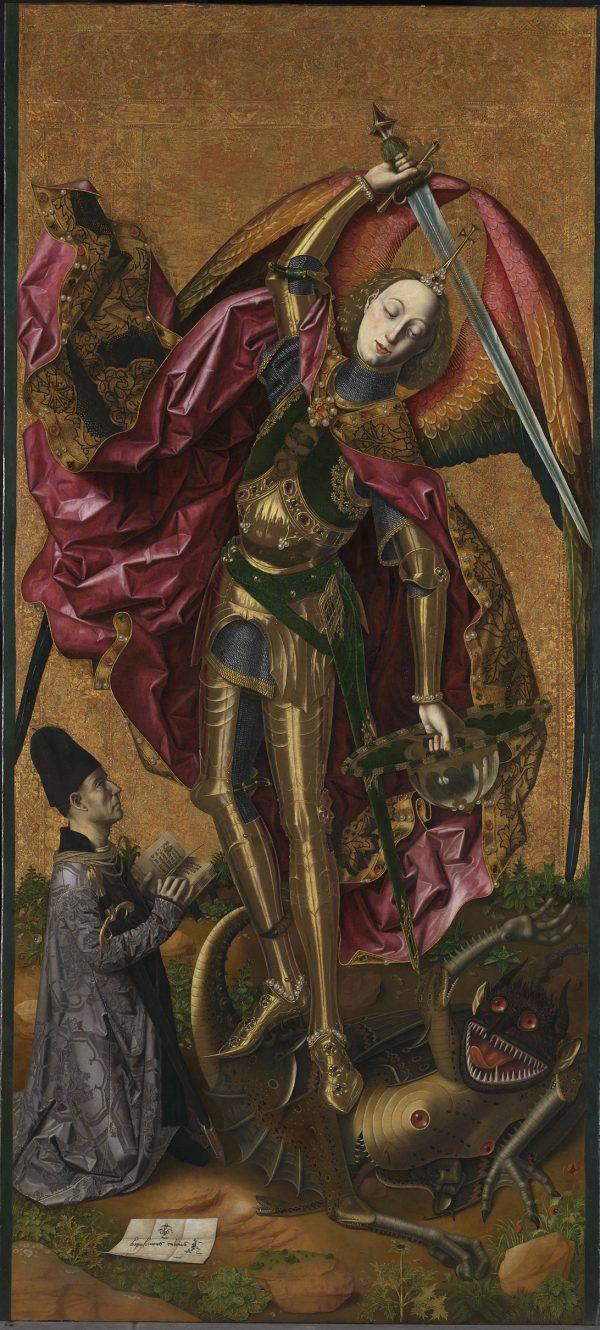 "Saint Michael Triumphant Over the Devil With the Donor Antoni Joan," 1468, by Bartolomé Bermejo. Oil and gold on panel, 70 3/4 inches by 32 1/4 inches. (The National Gallery, London)