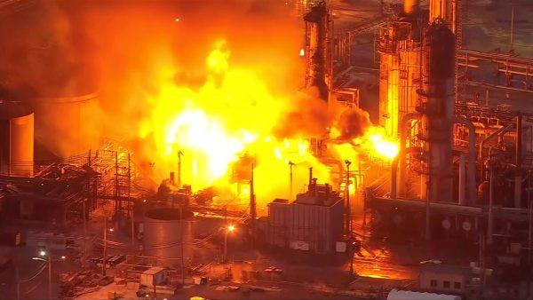 A massive fire burns at Philadelphia Energy Solutions Inc's oil refinery in this still image from video in Philadelphia, Pa., on June 21, 2019. (WCAU-TV/NBC via Reuters)