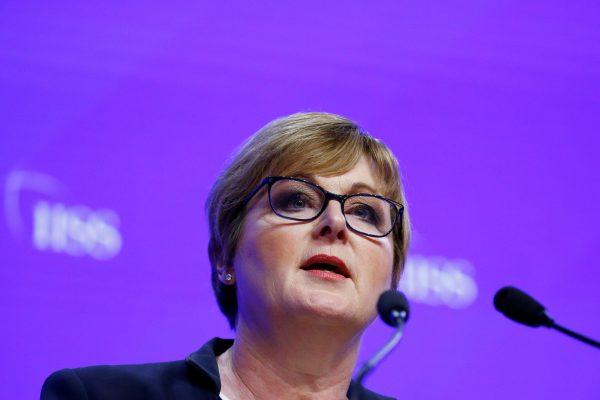 Australian Defense Minister Linda Reynolds speaking at the IISS Shangri-la Dialogue in Singapore on June 2, 2019. (Feline Lim/Reuters)