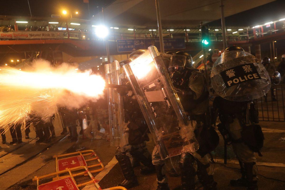Police fire tear gas on protesters taking part in a demonstration against a controversial extradition bill in Hong Kong on July 28, 2019. (Vivek Prakash/Getty Images)