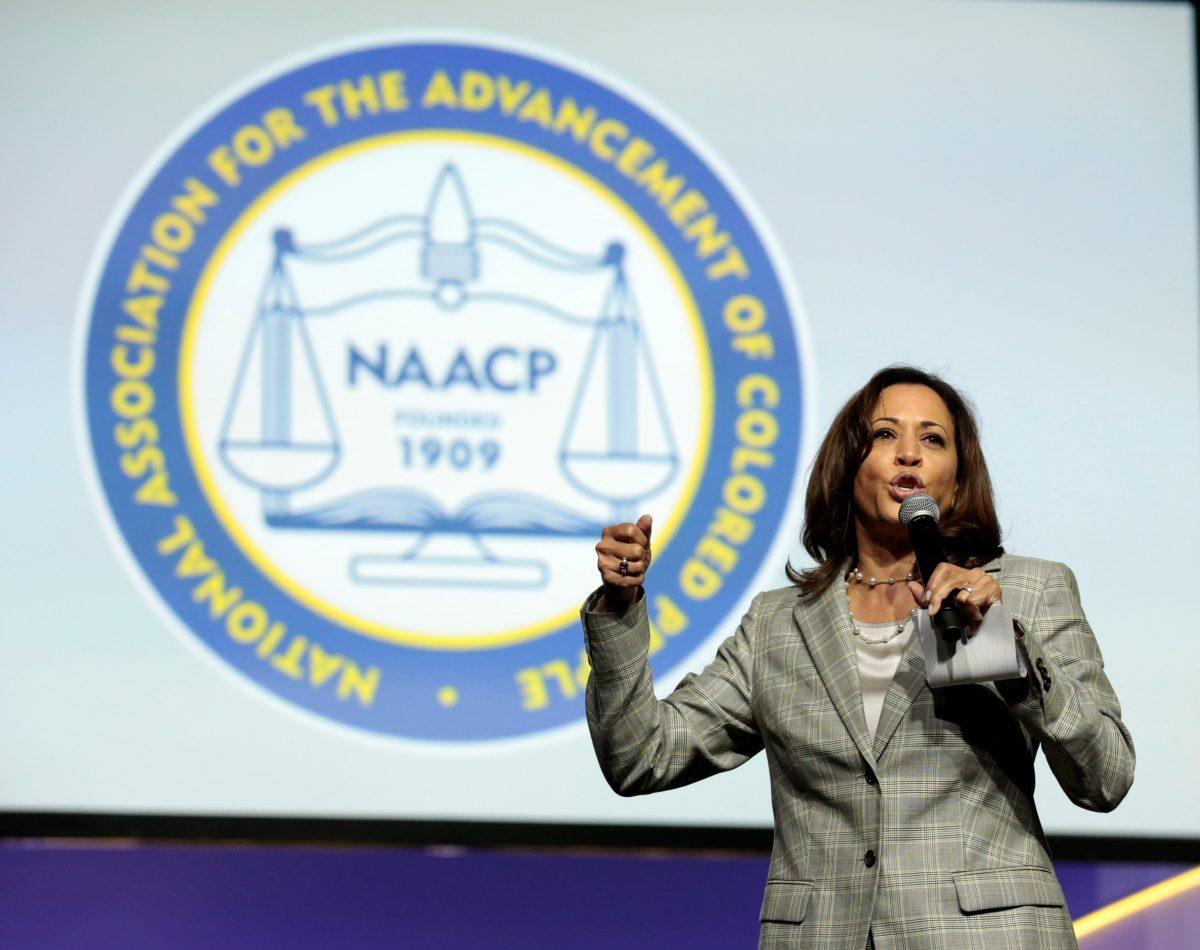 Democratic presidential hopeful Sen. Kamala Harris (D-Calif.) addresses the Presidential Forum at the NAACP's 110th National Convention at Cobo Center in Detroit, Michigan on July 24, 2019. Harris recently dropped out of the race but has been mentioned as a possible vice president. (Jeff Kowalsky/AFP/Getty Images)