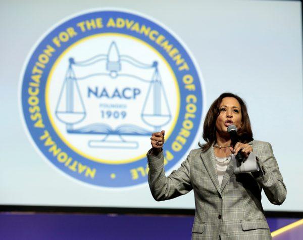 Democratic presidential hopeful Kamala Harris addresses the Presidential Forum at the NAACP's 110th National Convention at Cobo Center in Detroit, Mich., on July 24, 2019. (Jeff Kowalsky/AFP/Getty Images)