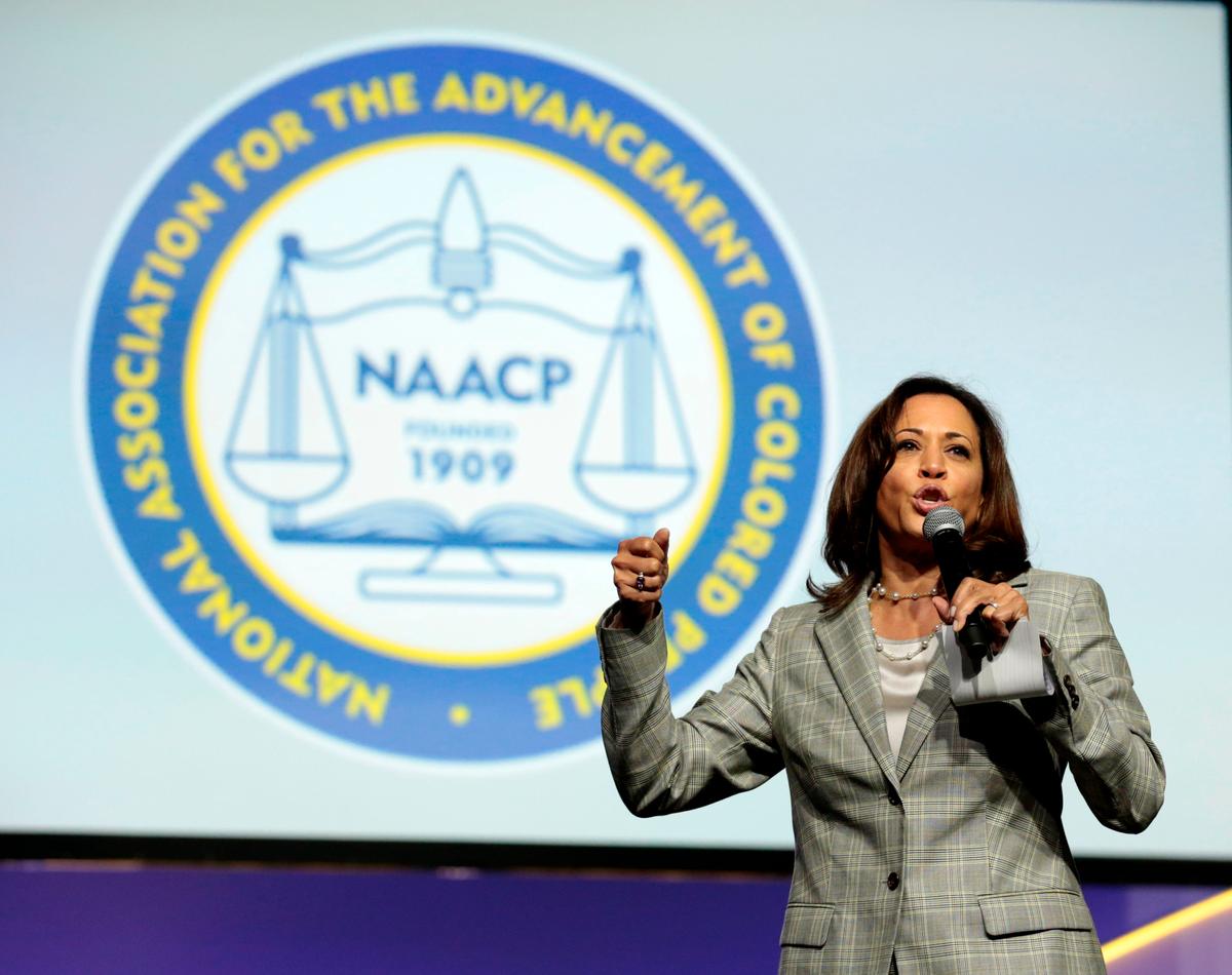 Democratic presidential hopeful Sen. Kamala Harris (D-Calif.) addresses the Presidential Forum at the NAACP's 110th National Convention at Cobo Center in Detroit, Michigan on July 24, 2019. (Jeff Kowalsky/AFP/Getty Images)