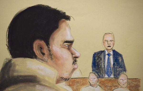 An artitst's sketch shows Luka Rocco Magnotta at the Montreal Courthouse on Dec. 23, 2014. Magnotta was found guilty of first degree murder in the death and dismemberment of university student Jun Lin in a case that made international headlines. (MHP/The Canadian Press)