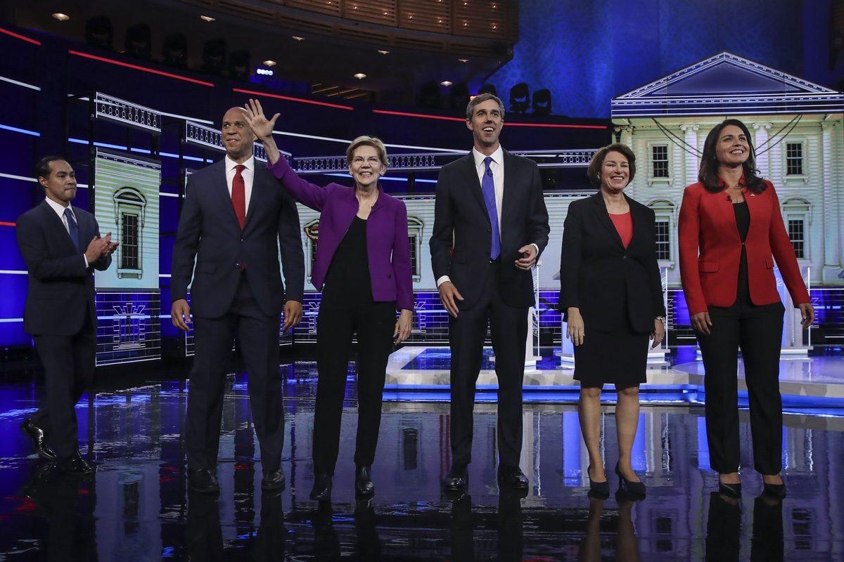 A field of 20 Democratic presidential candidates split into two groups of 10 for the first debate of the 2020 election over two nights at Knight Concert Hall of the Adrienne Arsht Center for the Performing Arts of Miami-Dade County in Miami, Fla. on June 26, 2019. Julian Castro is on the left. (Drew Angerer/Getty Images)