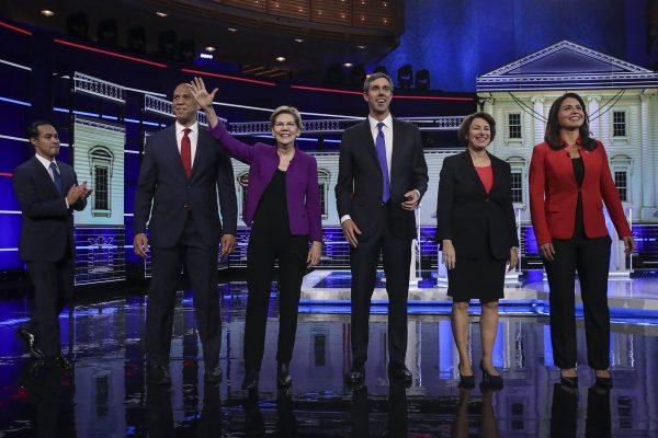 A field of 20 Democratic presidential candidates split into two groups of 10 for the first debate of the 2020 election over two nights at Knight Concert Hall of the Adrienne Arsht Center for the Performing Arts of Miami-Dade County in Miami, Fla. on June 26, 2019. (Drew Angerer/Getty Images)