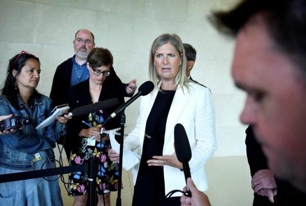 Conservative MP Leona Alleslev speak to reporters before an emergency meeting of the Standing Committee on Foreign Affairs and International Development to discuss a request to undertake a study of undue pressure on former career diplomats, in Ottawa on July 30, 2019. (Justin Tang/The Canadian Press)