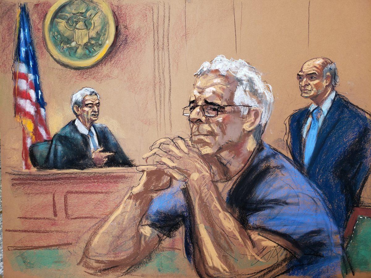 Jeffrey Epstein looks on near his lawyer Martin Weinberg and Judge Richard Berman during a status hearing in his sex trafficking case, in this court sketch in New York on July 31, 2019. (Jane Rosenberg/Reuters)