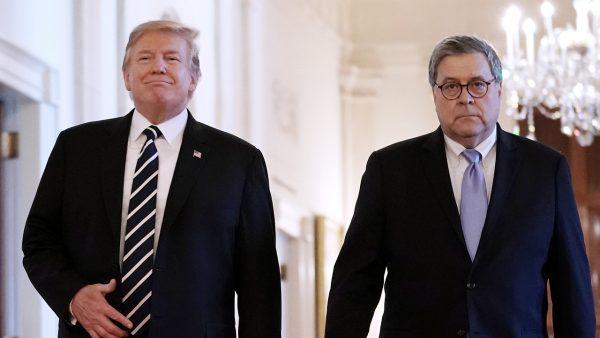 President Donald Trump (L) and Attorney General William Barr arrive together in the East Room of the White House on May 22, 2019. (Chip Somodevilla/Getty Images)