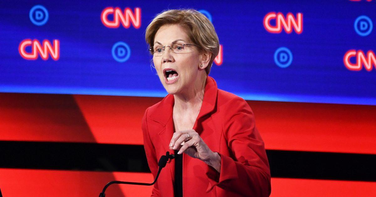 Democratic presidential hopeful Sen. Elizabeth Warren (D-Mass.) delivers her closing statement in the first round of the second Democratic primary debate of the 2020 presidential campaign season hosted by CNN at the Fox Theatre in Detroit, Mich., on July 30, 2019. (Brendan Smialowski/AFP/Getty Images)