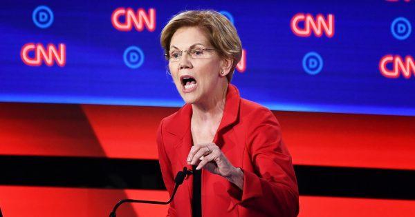 Democratic presidential hopeful former US Senator from Massachusetts Elizabeth Warren delivers her closing statement in the first round of the second Democratic primary debate of the 2020 presidential campaign season hosted by CNN at the Fox Theatre in Detroit, Michigan on July 30, 2019. (Brendan Smialowski/AFP/Getty Images)
