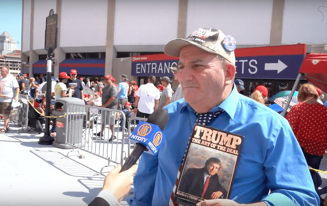 Tim, Dever, a Trump supporter, talks to The Epoch Times affiliate NTD outside the U.S. Bank Arena in Cincinnati, Ohio on Aug. 1. (NTD)