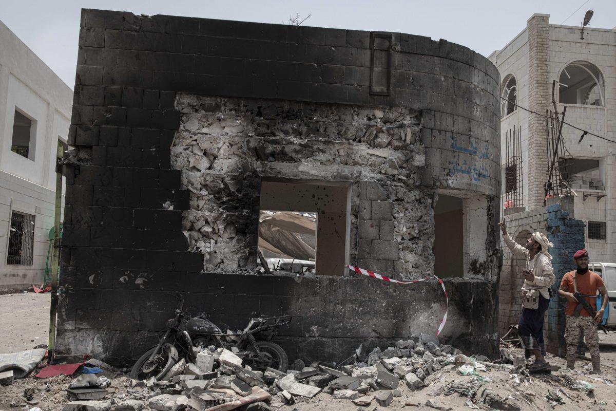 Security forces inspect the site of a deadly attack in Aden, Yemen on Aug. 1, 2019. (Nariman El-Mofty/AP Photo)