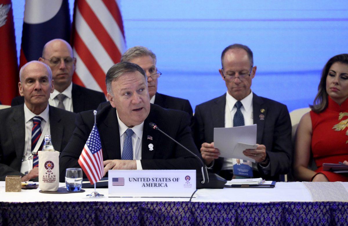 U.S. Secretary of State Mike Pompeo attends a meeting with Foreign Ministers of the Lower Mekong countries, Cambodia, Laos, Thailand, and Vietnam during the ASEAN Foreign Ministers' Meeting in Bangkok, Thailand, on Aug. 1, 2019. (Jonathan Ernst/AP)