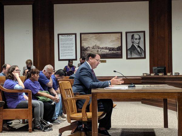 State Representative Shawn Dooley (C) testifies before the Massachusetts Joint Committee on State Administration and Regulatory Oversight in support of Bill H.2691 at the Massachusetts State House in Boston, Massachusetts on July 26, 2019. (Liu Hao/The Epoch Times)