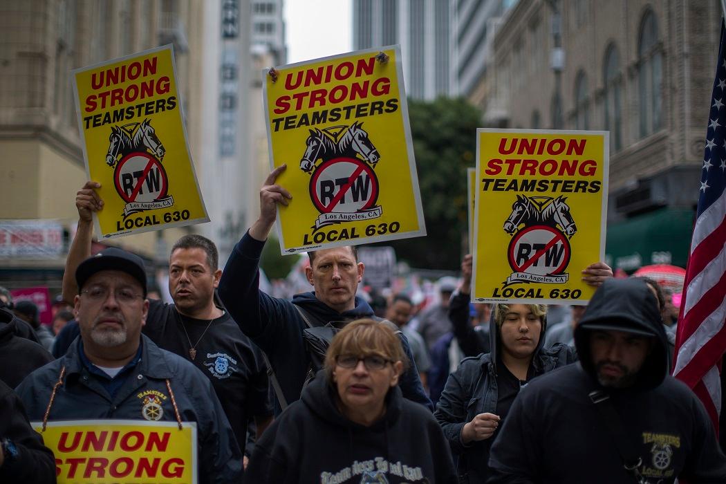 Teamsters march in Los Angeles on May 1, 2018. (David McNew/Getty Images)