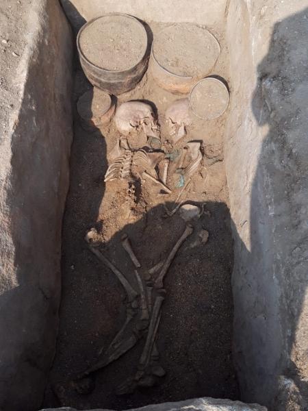 Remains of a young man and woman facing each other were unearthed by archaeologists in central Kazakhstan. (Karaganda regional government)
