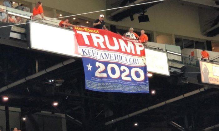 Trump Supporters Display Huge Re-Elect Trump 2020 Banner at Baltimore Orioles Game
