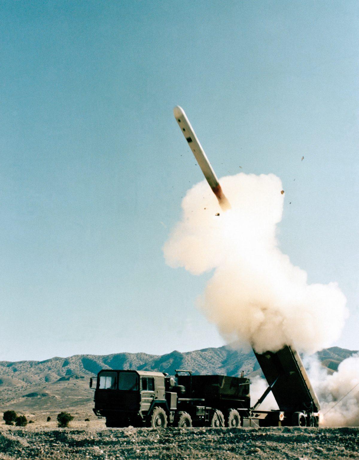 A Ground Launch Cruise Missile after it emerges from the Transporter-Erector Launcher during a test firing. The United States destroyed all of its ground-launched missiles and launchers to comply with the INF treaty. The United States exited the treaty on Aug. 2, 2019, and plans to develop and deploy the missiles to deter China. (Air Force/Public Domain)