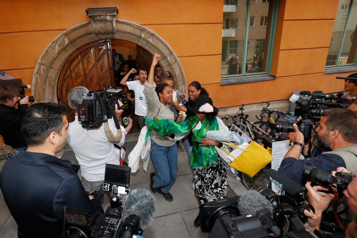 Fans celebrate outside the courthouse after the news that A$AP Rocky will be released on the third day of the A$AP Rocky assault trial at the Stockholm city courthouse in Stockholm, Sweden, on Aug. 2, 2019. (Getty Images)