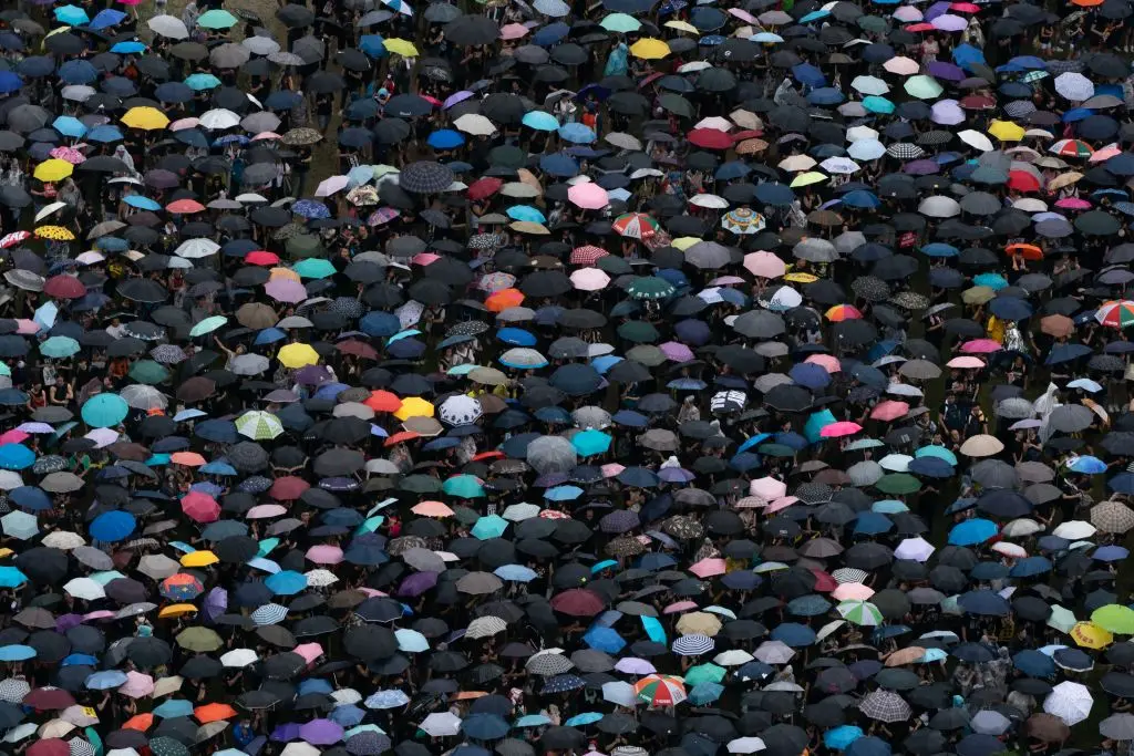Protesters take part in a rally as they march on a street in Hong Kong on Aug. 18, 2019. (Anthony Kwan/Getty Images)
