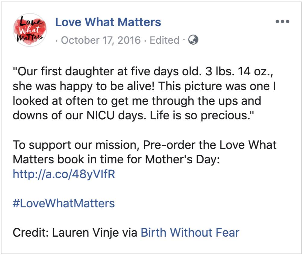 ©Facebook Screenshot | <a href="https://www.facebook.com/lovewhatreallymatters/posts/our-first-daughter-at-five-days-old-3-lbs-14-oz-she-was-happy-to-be-alive-this-p/1269987206357008/">Love What Matters</a>