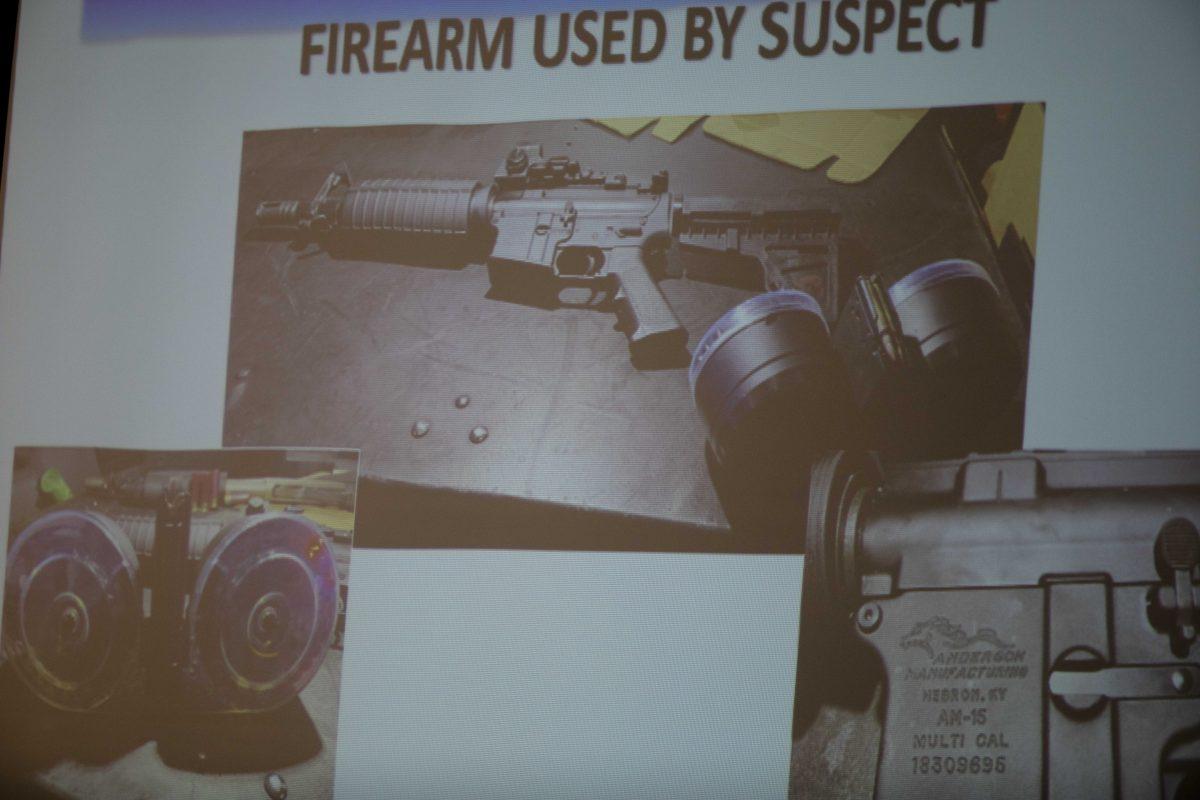 The firearm used by the shooter Connor Betts, 22, is projected on a screen during a press conference about a mass shooting that left multiple people dead and 26 injured along the 400 block of E. Fifth Street, in Dayton, Ohio, on Aug. 4, 2019. (Albert Cesare/The Cincinnati Enquirer via AP)