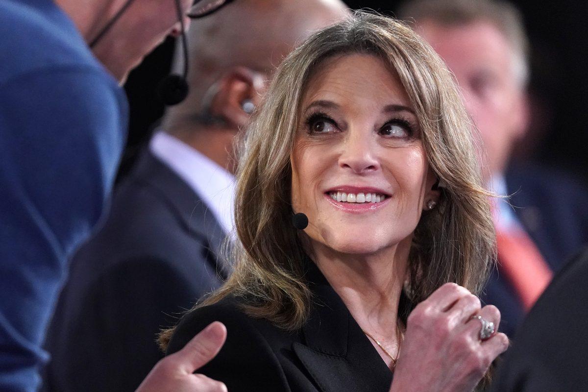 Democratic presidential candidate Marianne Williamson prepares for a television interview after the Democratic Presidential Debate at the Fox Theatre in Detroit, Mich., on July 30, 2019. (Scott Olson/Getty Images)
