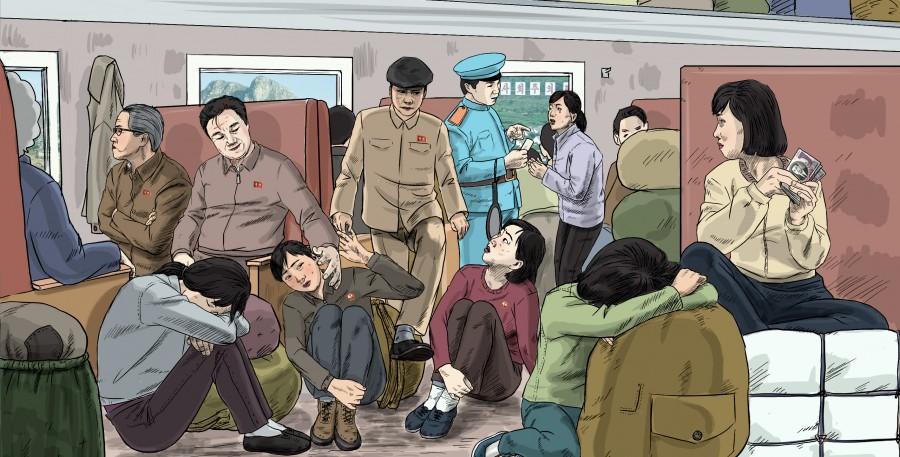 Male government officials and female traders sitting in a railway carriage, while a railroad officer checks a female trader’s ticket. In railway carriages, women often face harassment by male government officials and railroad officers. (Choi Seong Guk for Human Rights Watch)