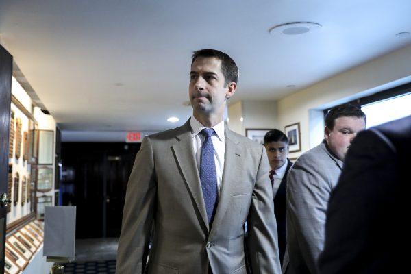 Sen. Tom Cotton (R-Ark.) arrives at a border security discussion hosted by Center for Immigration Studies in Washington on July 30, 2019. (Samira Bouaou/The Epoch Times)
