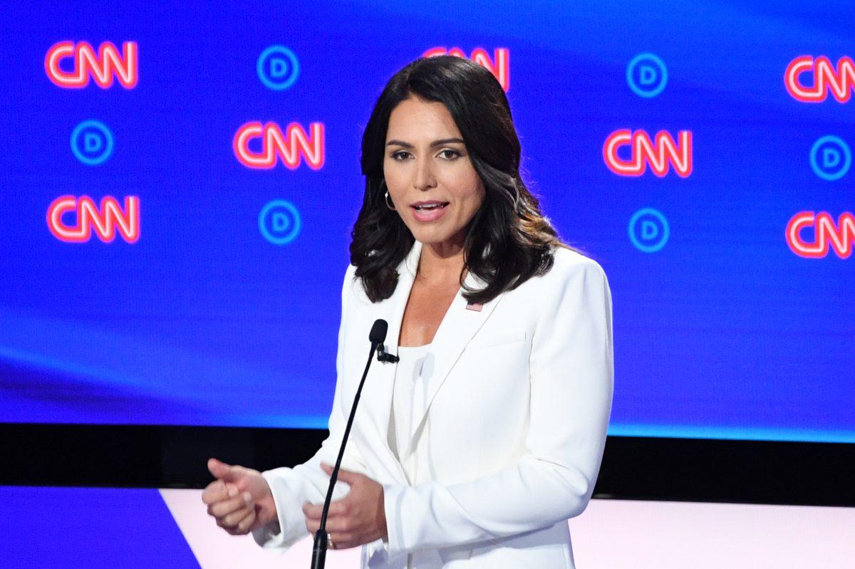 Rep. Tulsi Gabbard (D-Hawaii), a 2020 presidential candidate, speaks at a debate in Detroit, Michigan, on July 31, 2019. (Jim Watson/AFP/Getty Images)