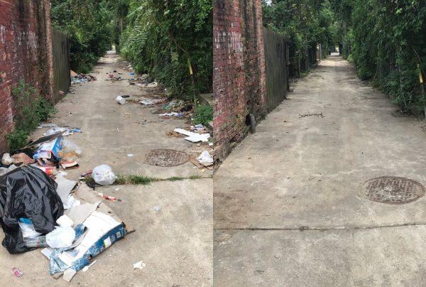 "Before" and "after" images of an alley during a trash cleanup event in Baltimore, Md., on Aug. 5, 2019. (Courtesy of Scott Presler)