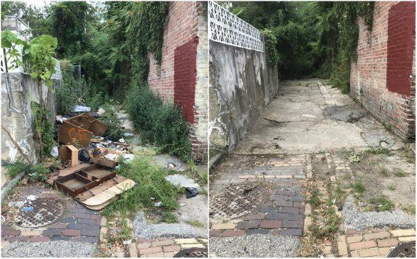 "Before" and "after" images of an alley during a trash cleanup event in Baltimore, Md., on Aug. 5, 2019. (Courtesy of Scott Presler)
