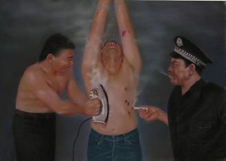 Re-enactment of burning torture. (Minghui.org)