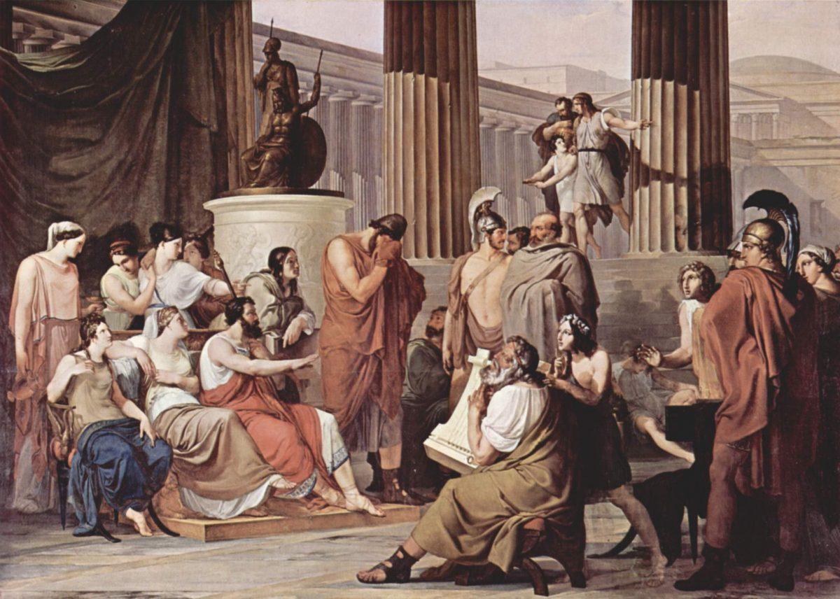 Odysseus weeps at hearing his own story sung by a court poet. “Odysseus at the Court of Alcinous,” circa 1815, Francesco Hayez. Oil on canvas. Galleria Nazionale di Capodimonte, Naples. (Public Domain)