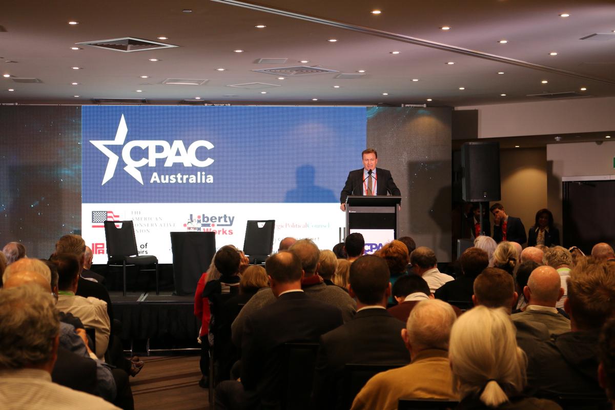 Conference organizer Andrew Cooper of LibertyWorks addresses CPAC Australia on Aug. 9, 2019. (The Epoch Times)