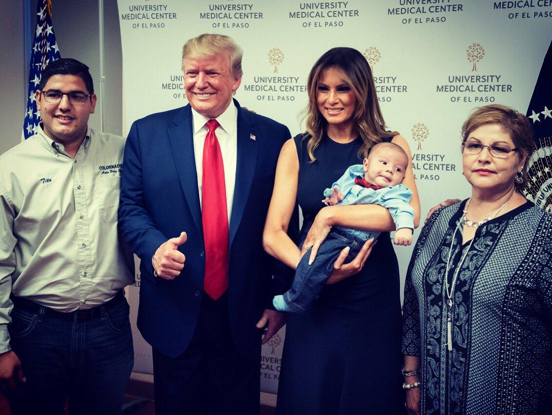 President Donald Trump, and First Lady Melania Trump visit family members of victims of the mass shooting in El Paso, Texas, at University Medical Center on Aug. 7, 2019. (FLOTUS/Twitter)