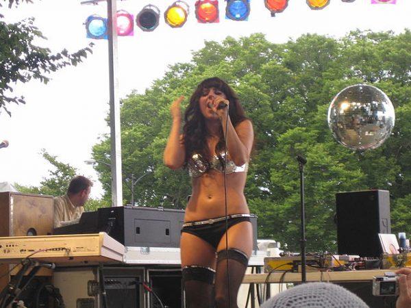 Lady Gaga performs in a sparkly bikini at Lollapalooza in Chicago in 2007, helping launch a fashion trend that has turned underwear into acceptable outerwear. WikimediaCommons