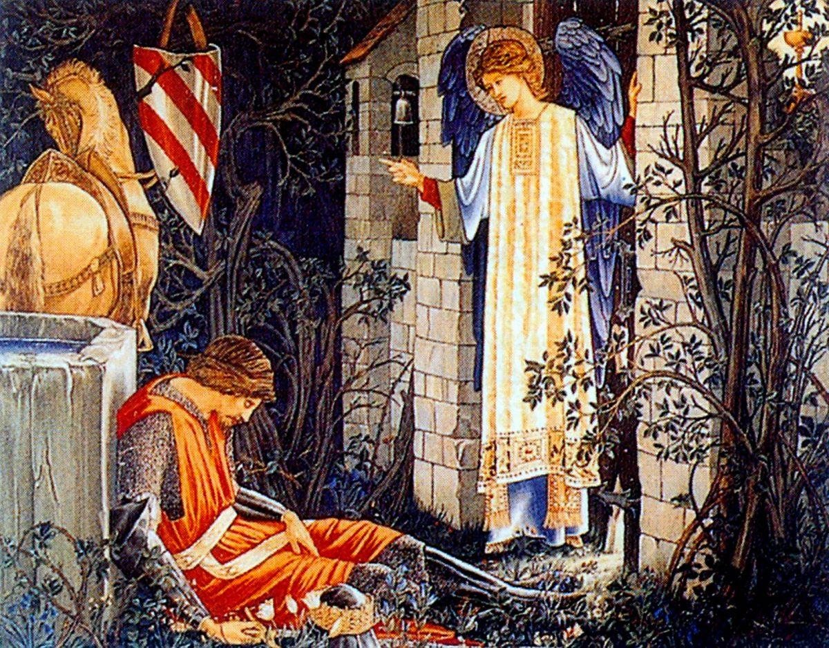 “The Failure of Sir Launcelot to Enter the Chapel of the Holy Grail,” number 3 of the Holy Grail tapestries, overall design and figures by Sir Edward Burne-Jones, woven by Morris & Co. 1891-94 for Stanmore Hall. Wool and silk on cotton warp. (Public Domain)