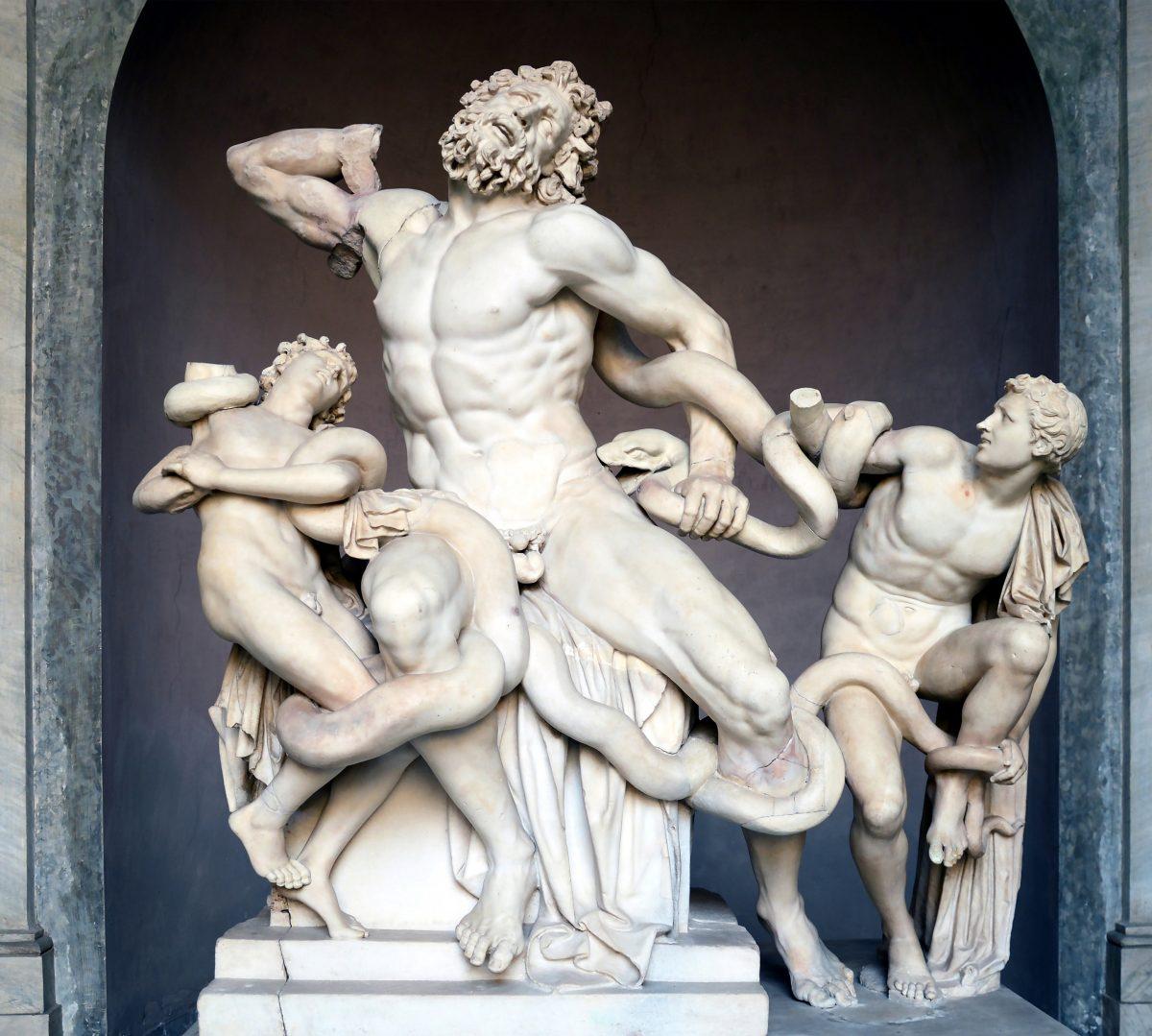 “Laocoön and His Sons,” 40–30 B.C., attributed by Pliny the Elder to Agesander, Athenodoros, and Polydorus. Marble, 6 feet 10 inches high by 5 feet 4 inches wide by 3 feet 8 inches deep. Vatican Museum, Italy. (CC BY-SA 4.0)